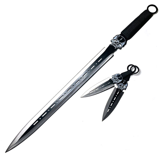 26.25" Skull Style Fantasy Machete Set With Spear Point Blade. Punisher Style