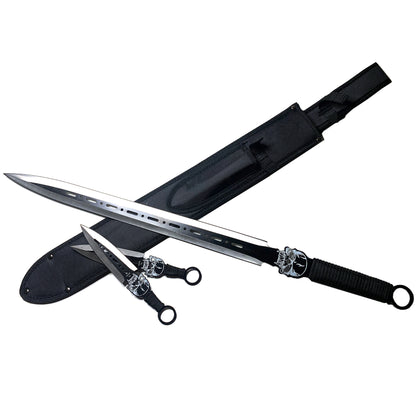 26.25" Skull Style Fantasy Machete Set With Spear Point Blade. Punisher Style